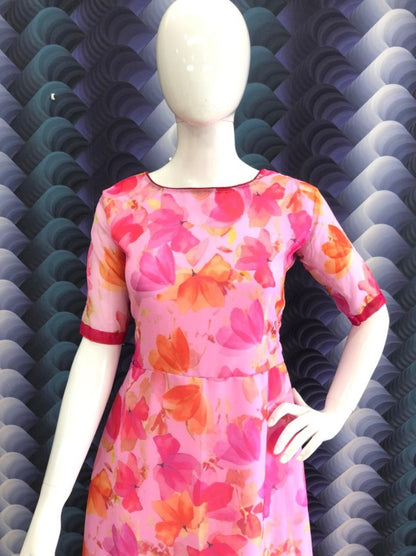 Pink heavy georgette floral printed work fancy gown