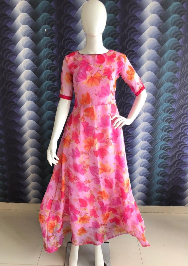 Pink heavy georgette floral printed work fancy gown