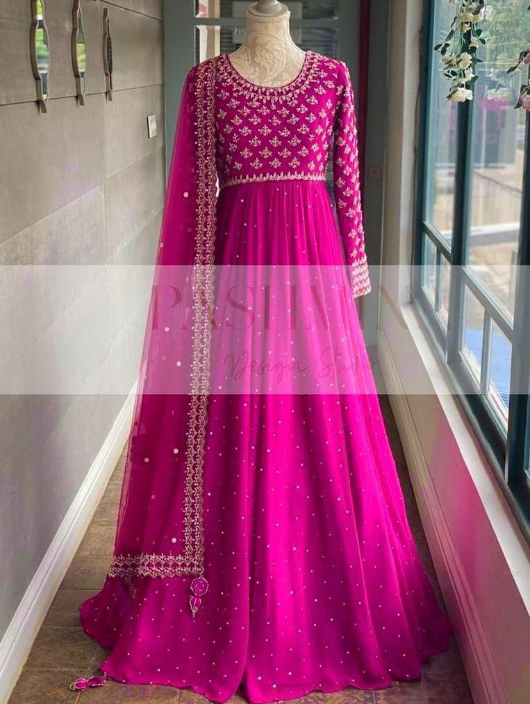 Pink heavy georgette fully embroidered work designer gown