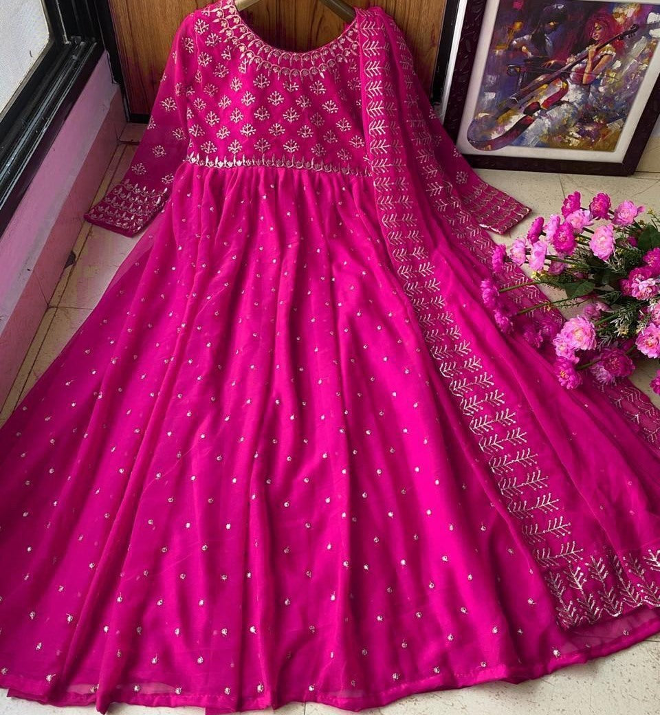 Pink heavy georgette fully embroidered work designer gown