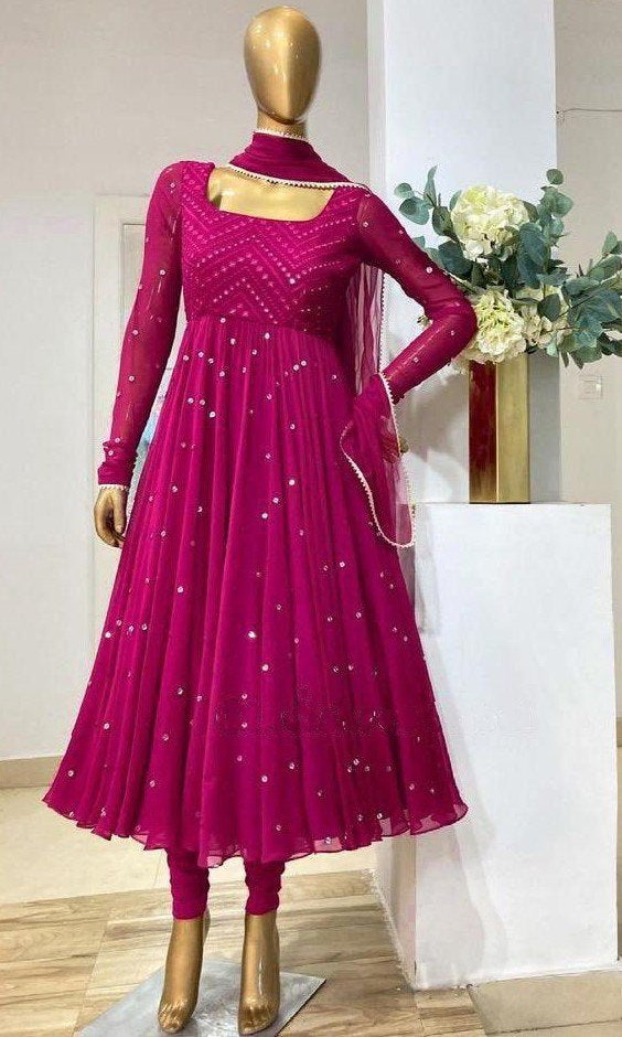 Pink heavy georgette fully embroidered work occasional wear gown