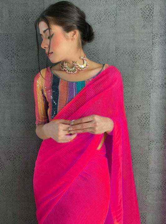 Pink heavy georgette pattern work fancy saree