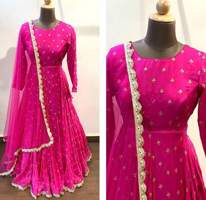 Pink heavy georgette with embroidered work party wear gown