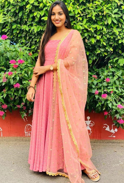 Pink heavy georgette zari embroidered work party wear gown