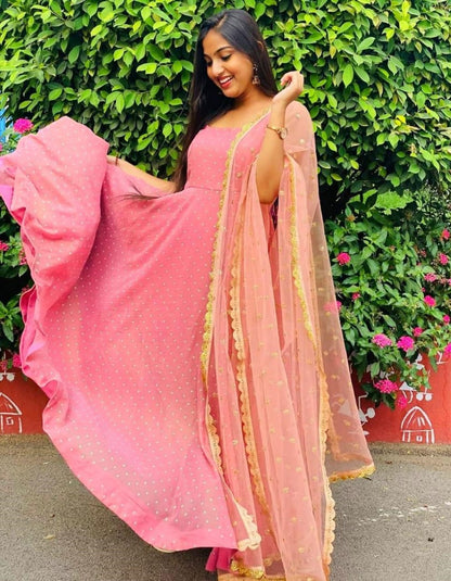 Pink heavy georgette zari embroidered work party wear gown