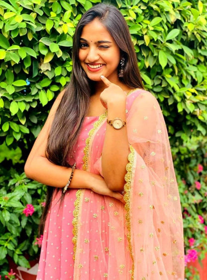 Pink heavy georgette zari embroidered work party wear gown