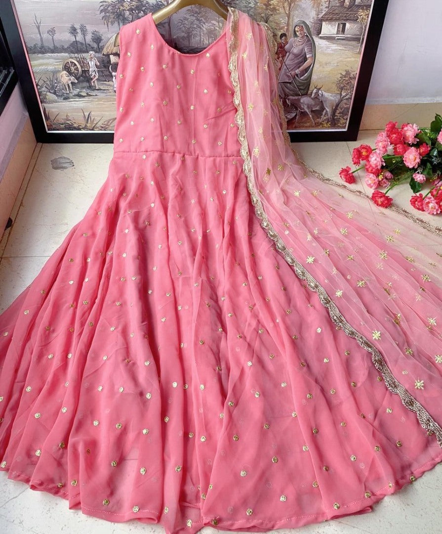 Pink heavy georgette zari embroidered work party wear gown