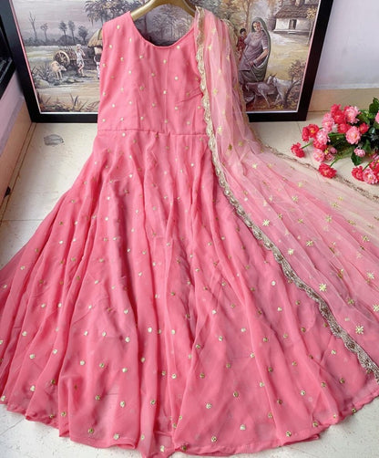 Pink heavy georgette zari embroidered work party wear gown