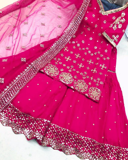 Pink heavy georgette zari embroidered work sharara suit