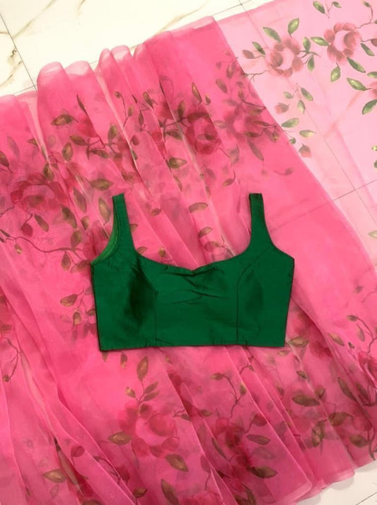 Pink heavy organza digital flower printed work saree