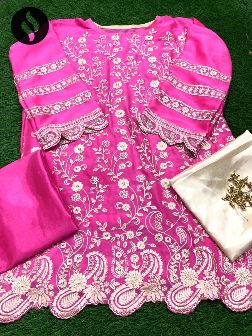 Pink heavy rangoli silk embroidery and cut work salwar suit