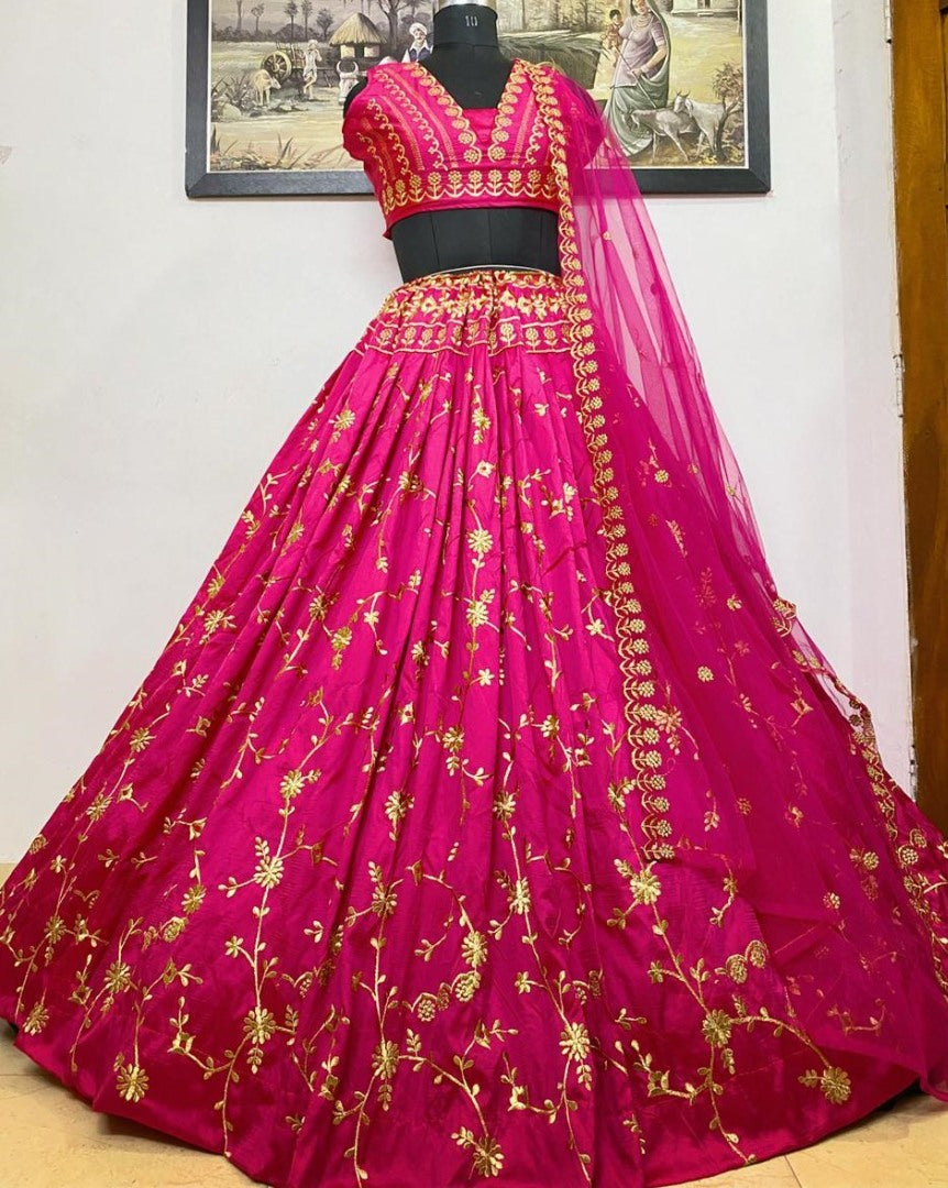 Pink heavy taffeta silk embroidered work party wear lehenga choli