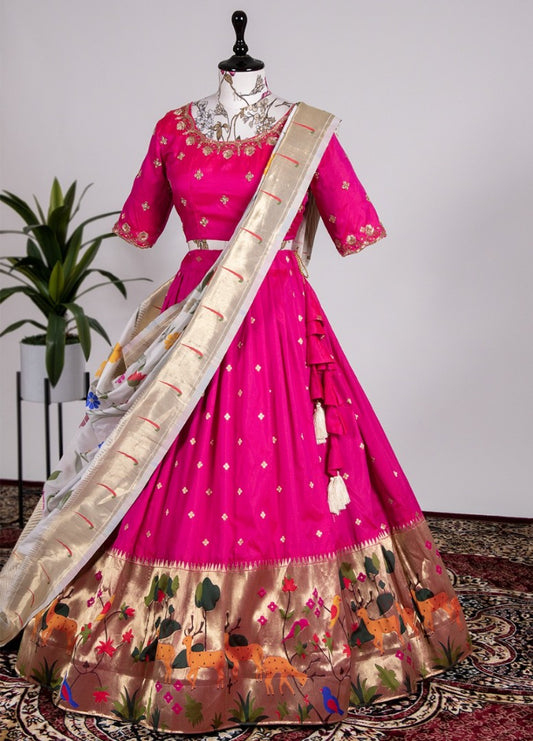 Pink jacqard silk paithani weaving work wedding lehenga choli