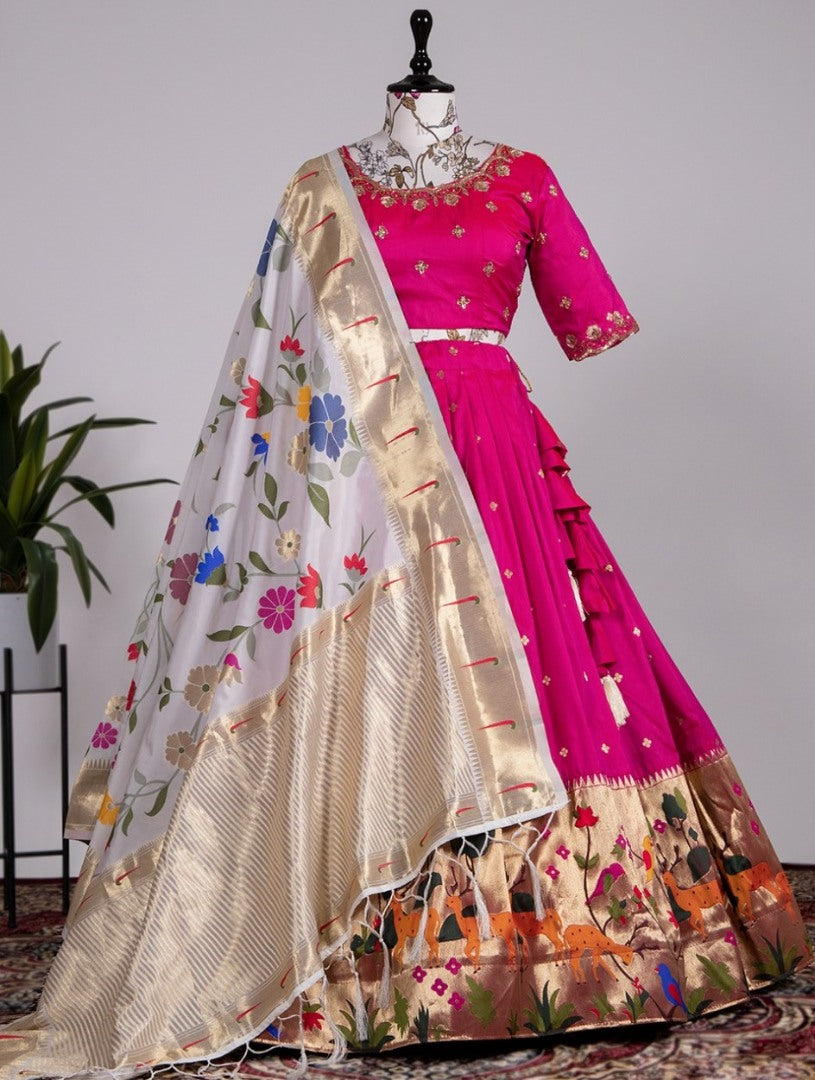 Pink jacqard silk paithani weaving work wedding lehenga choli