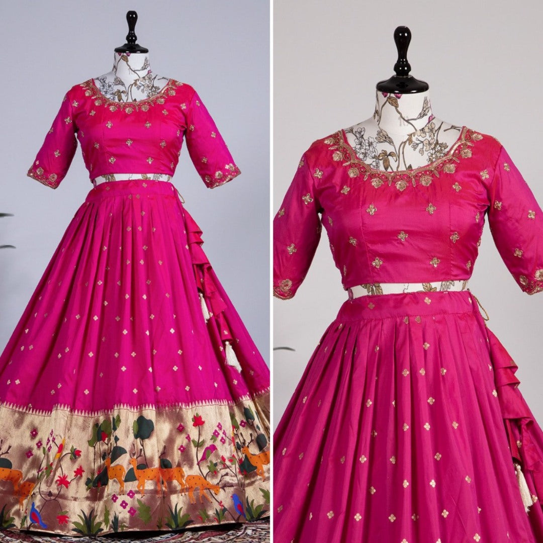 Pink jacqard silk paithani weaving work wedding lehenga choli