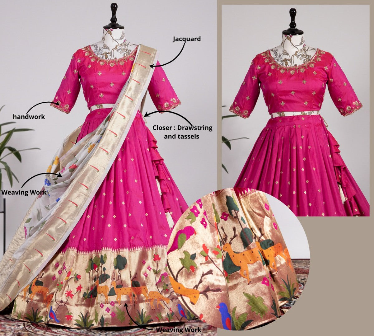 Pink jacqard silk paithani weaving work wedding lehenga choli