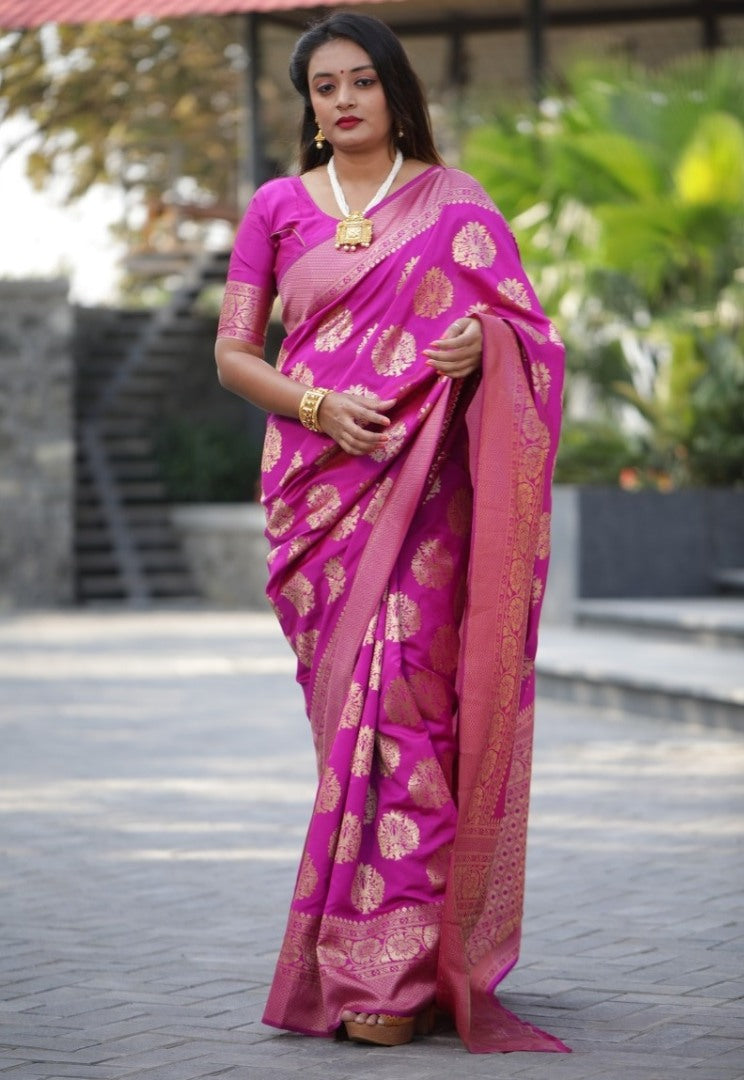 Pink jacquard woven silk saree