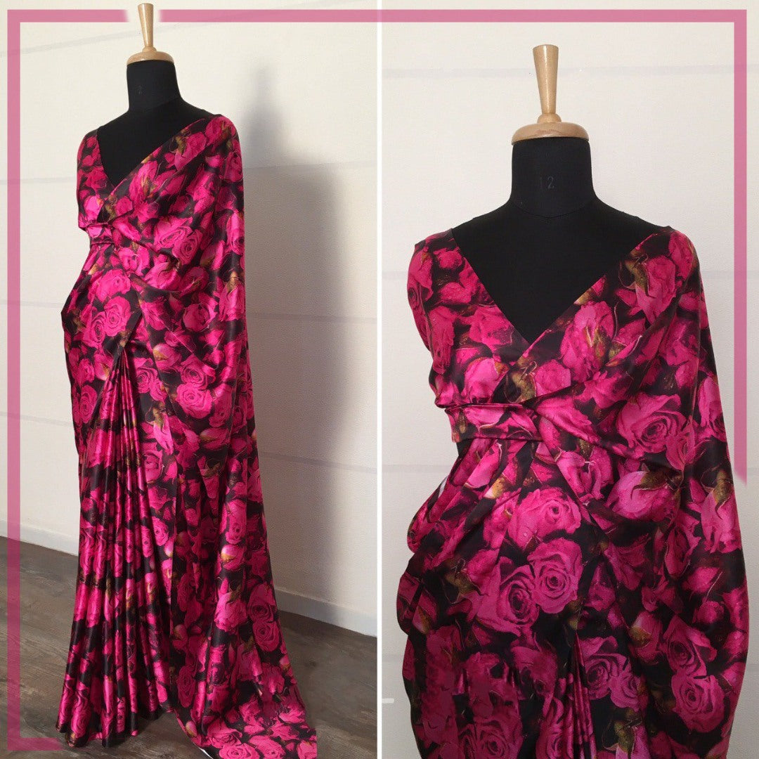 Pink japan satin silk rose flower printed saree
