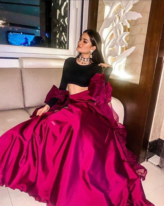 Pink japan silk partywear lehenga with ruffle dupatta