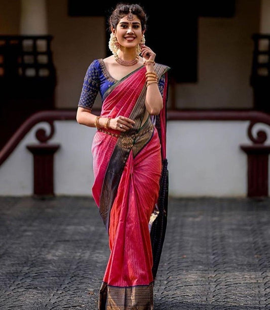 Pink kanjiwaram golden jacquard weaving work wedding saree