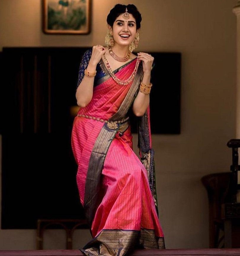 Pink kanjiwaram golden jacquard weaving work wedding saree