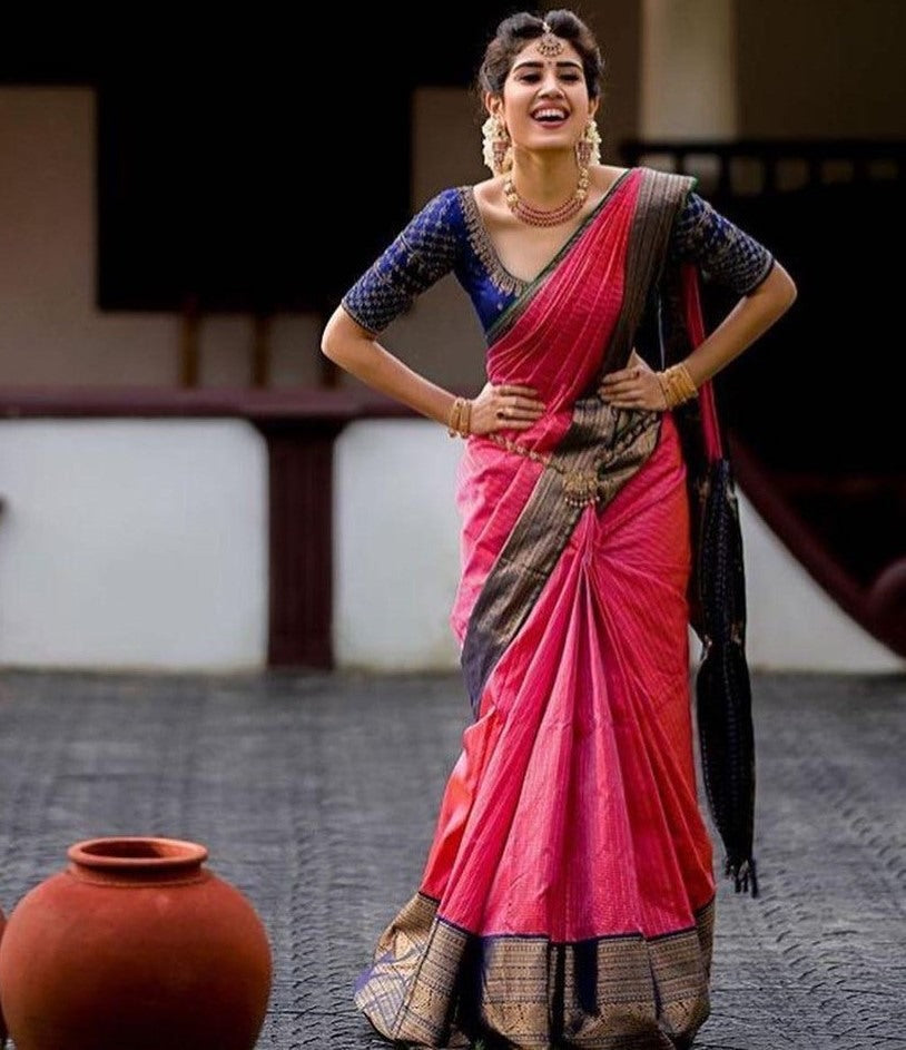 Pink kanjiwaram golden jacquard weaving work wedding saree