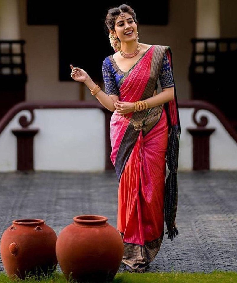 Pink kanjiwaram golden jacquard weaving work wedding saree