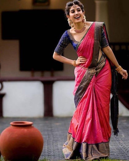 Pink kanjiwaram golden jacquard weaving work wedding saree