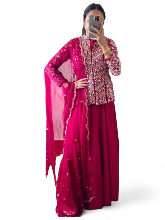 Pink lehenga with long heavy work choli