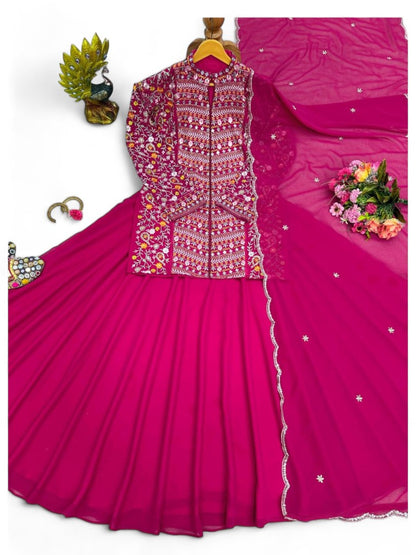 Pink lehenga with long heavy work choli