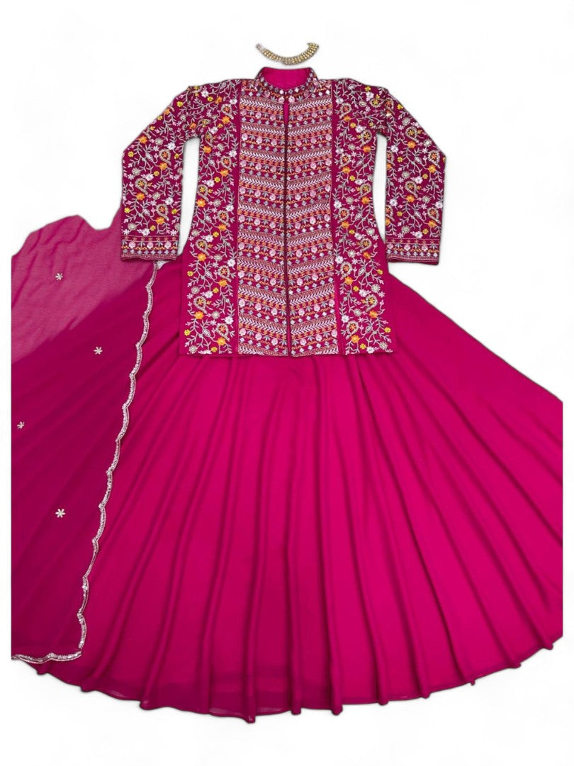 Pink lehenga with long heavy work choli