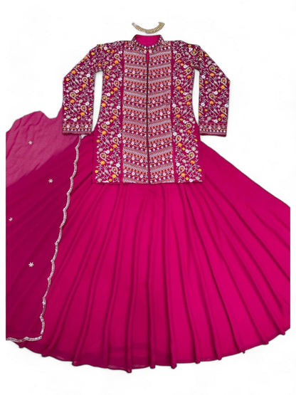 Pink lehenga with long heavy work choli