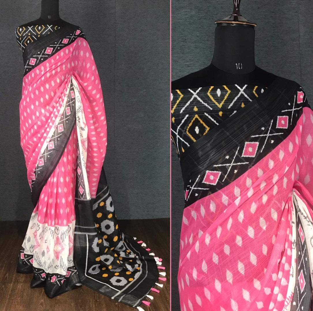 Pink linen digital print with cotton tussles work saree