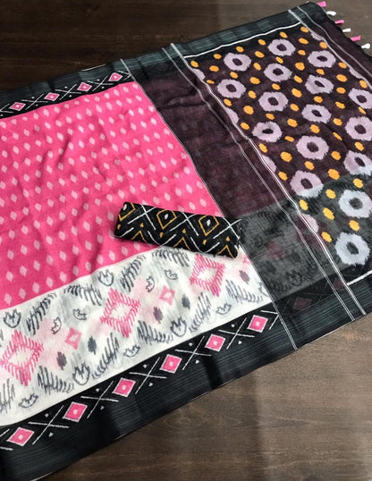 Pink linen digital print with cotton tussles work saree