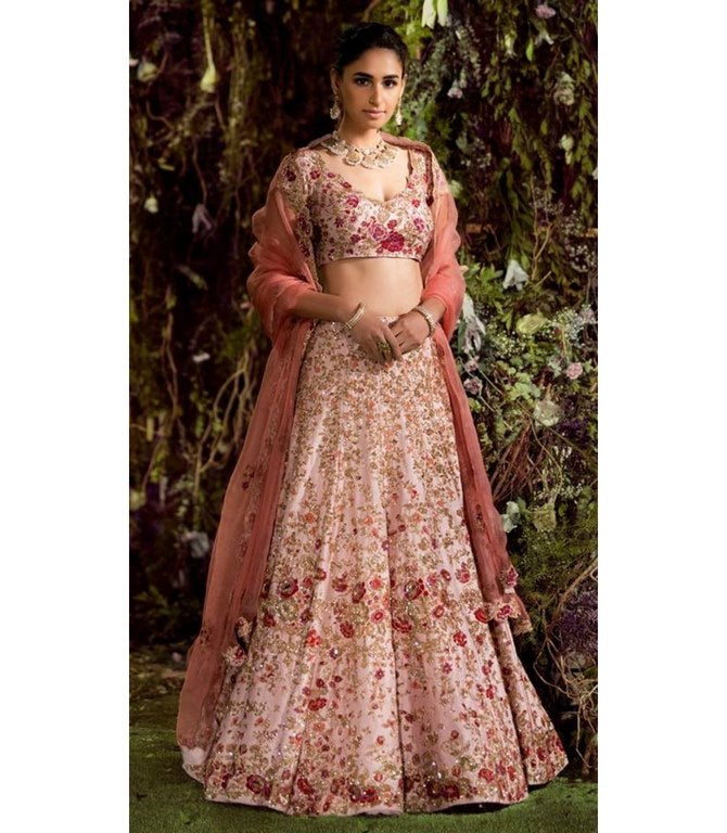 Pink malai satin heavy embroidered bridal lehenga