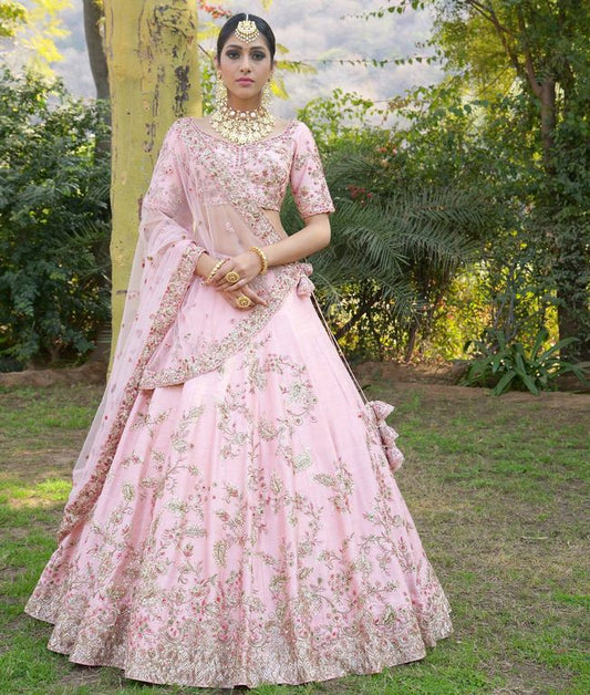 Pink malai satin heavy embroidered bridal wedding lehenga