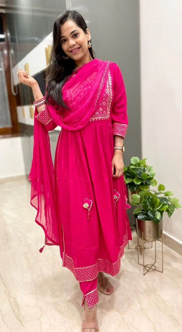 Pink malay satin silk embroidery worked salwar suit
