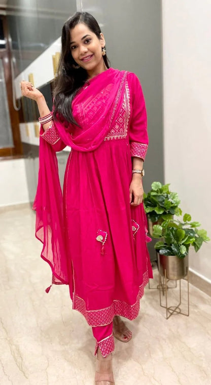 Pink malay satin silk embroidery worked salwar suit