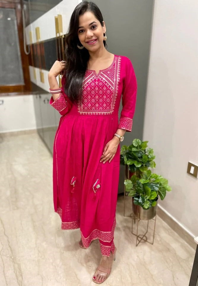 Pink malay satin silk embroidery worked salwar suit