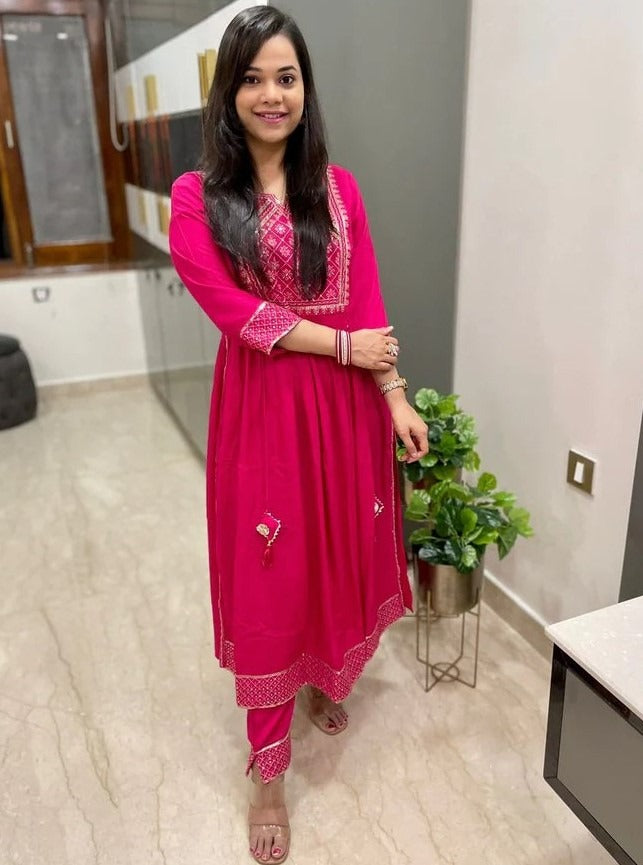 Pink malay satin silk embroidery worked salwar suit