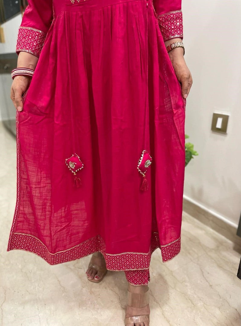 Pink malay satin silk embroidery worked salwar suit