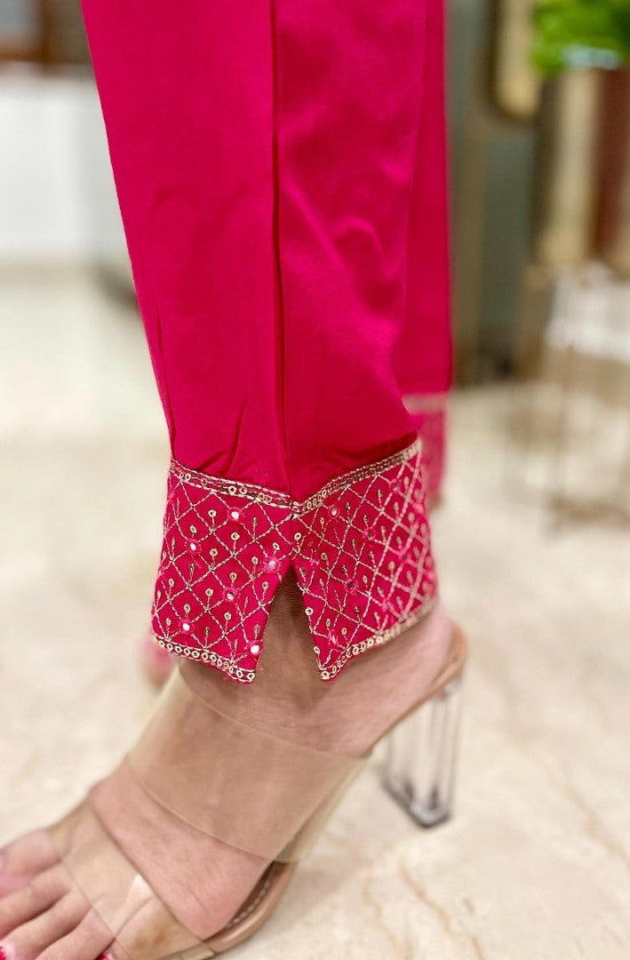 Pink malay satin silk embroidery worked salwar suit
