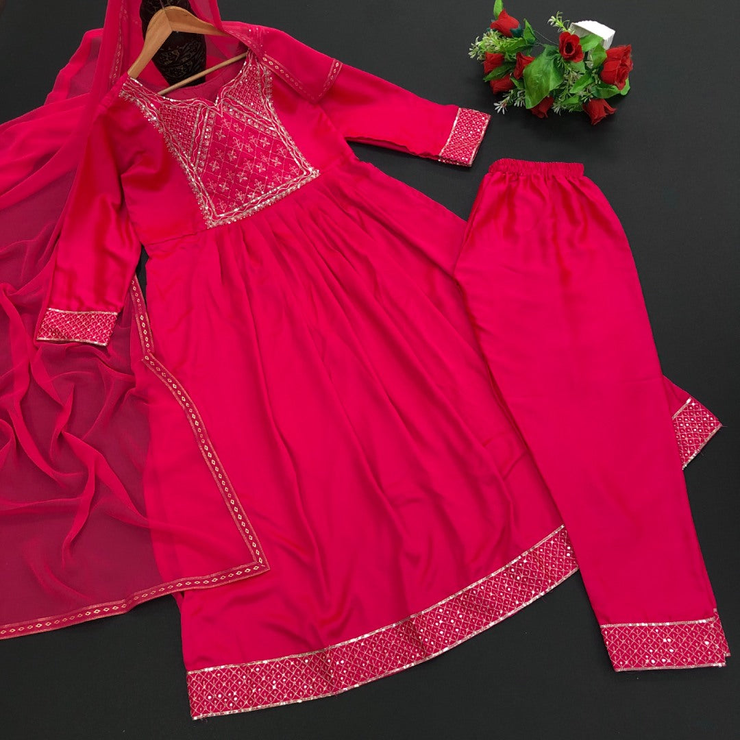 Pink malay satin silk embroidery worked salwar suit
