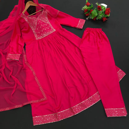 Pink malay satin silk embroidery worked salwar suit