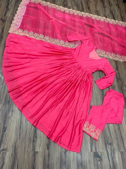Pink maslin cotton plain anarkali suit with embroidered dupatta