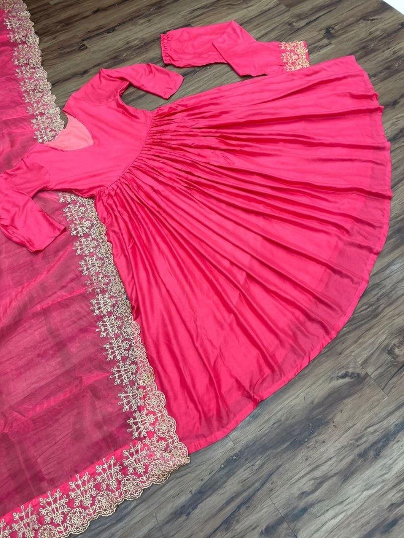 Pink maslin cotton plain anarkali suit with embroidered dupatta