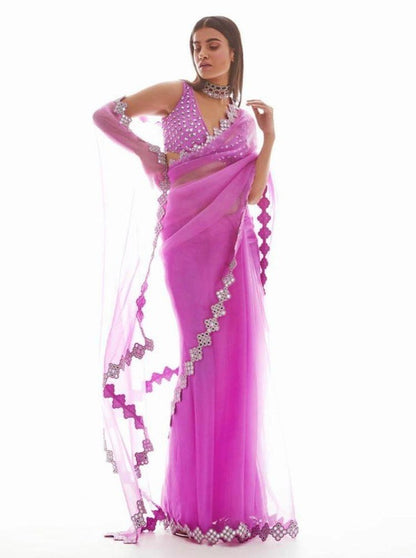 Pink mono net paper mirror work saree