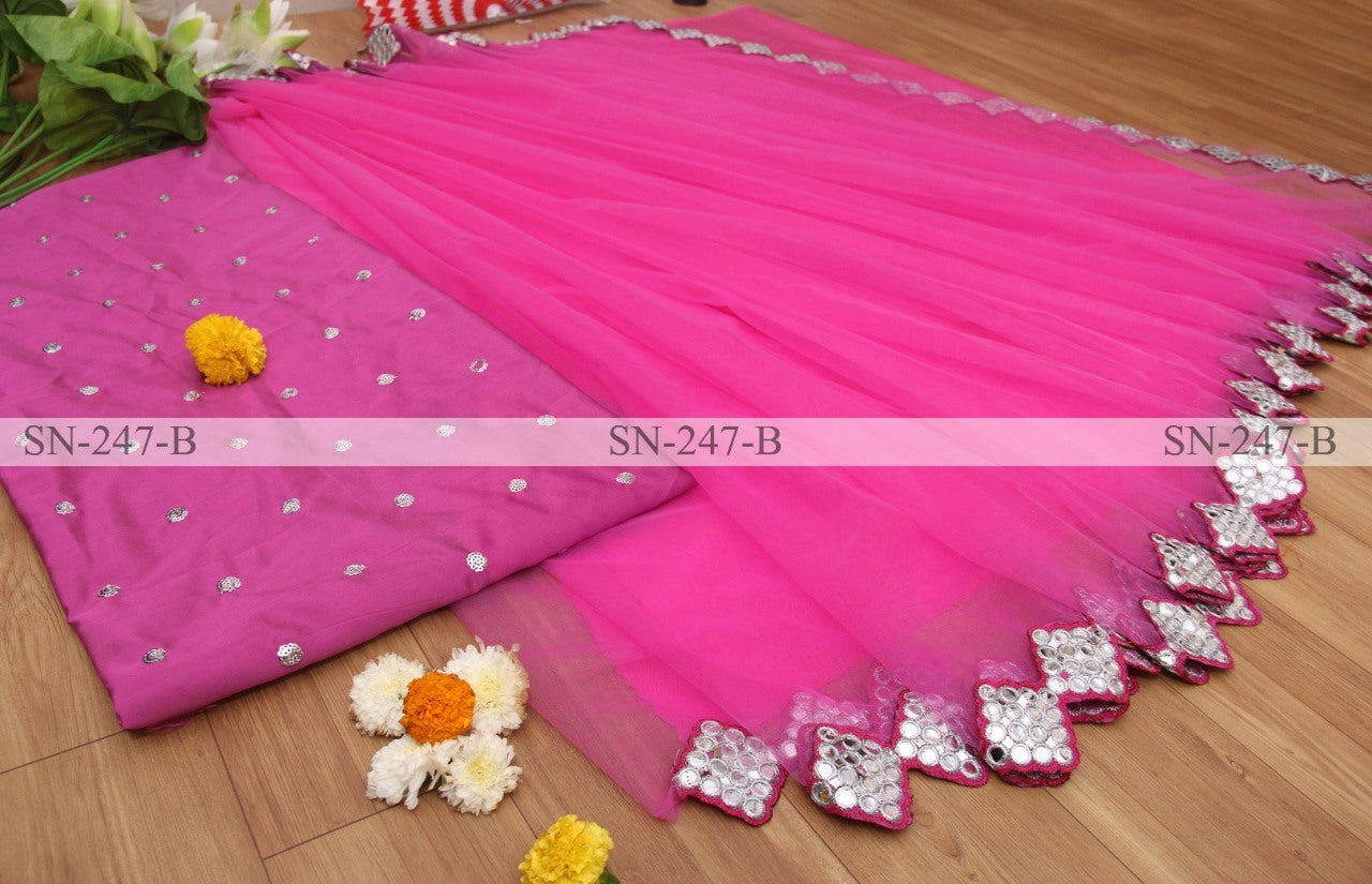 Pink mono net paper mirror work saree