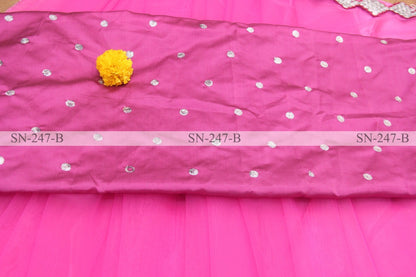 Pink mono net paper mirror work saree
