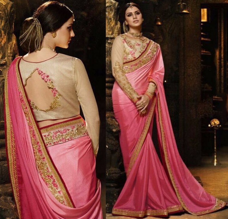 Pink moss chiffon georgette embroidered wedding saree